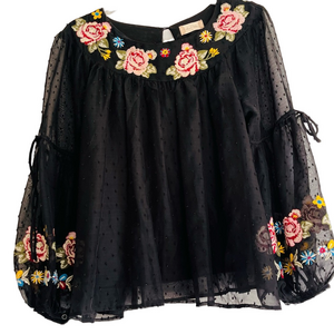 Altar'd State Black Sheer Top Lined Floral Embroidery Womens S Puff Long Sleeve